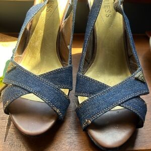 Size 91/2 sling back wedge heels, denim material. Great little gold details